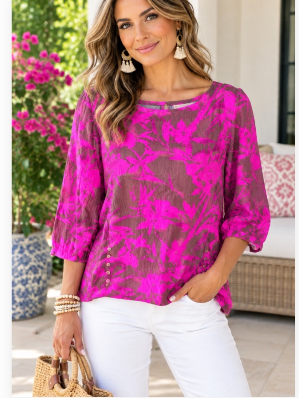 Soft Surroundings Women's Floral Scoop Neck Blouse Size M - Brown & Fuchsia